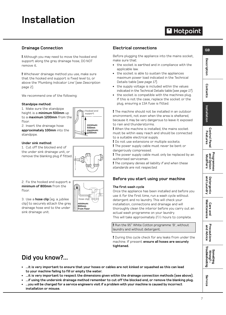 Installation, Did you know, Drainage connection | Electrical connections, Before you start using your machine | Hotpoint WF101 User Manual | Page 7 / 20