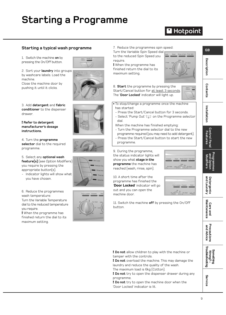 Starting a programme, Starting a typical wash programme | Hotpoint WF101 User Manual | Page 9 / 20