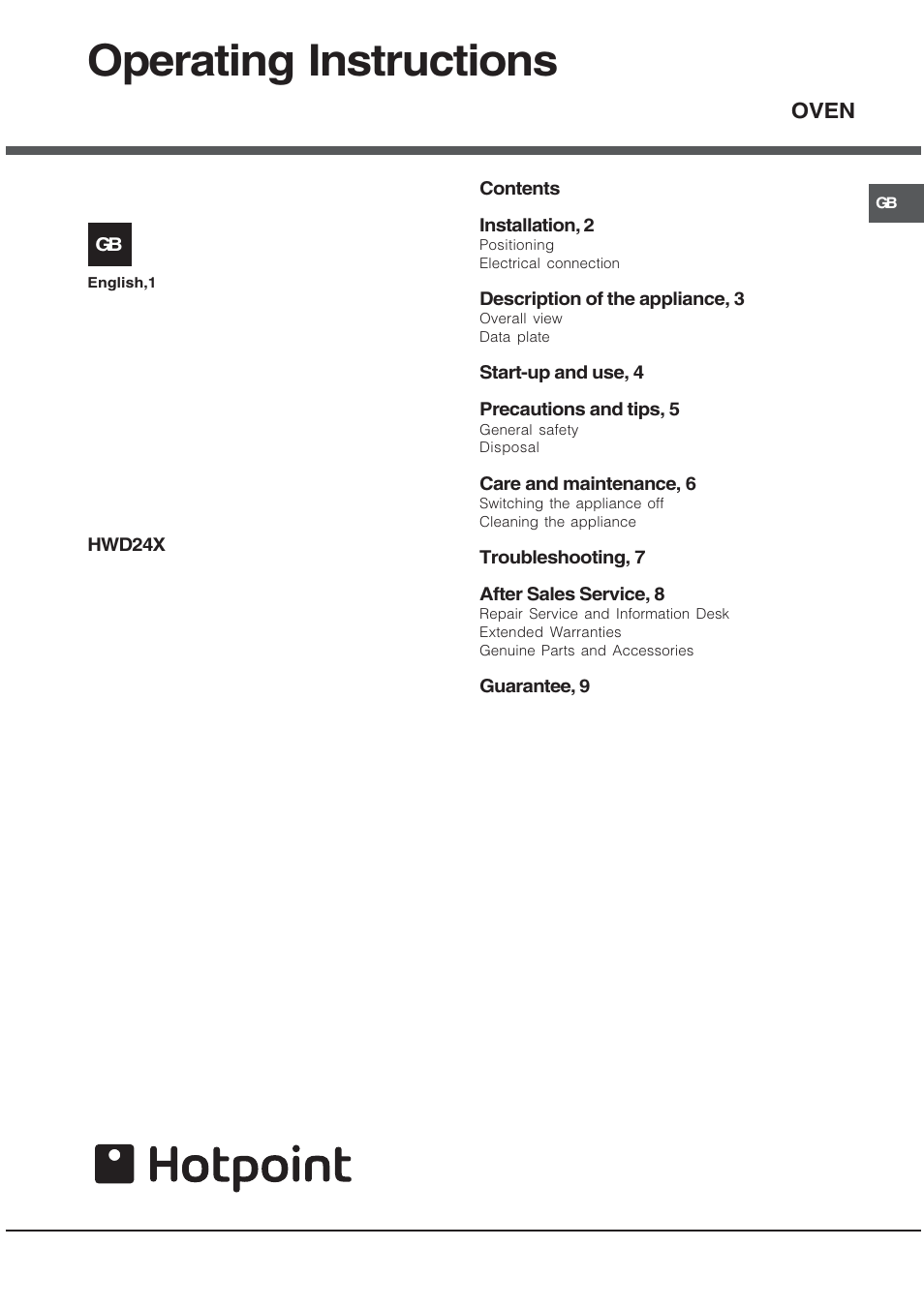 Hotpoint HWD24X User Manual | 12 pages