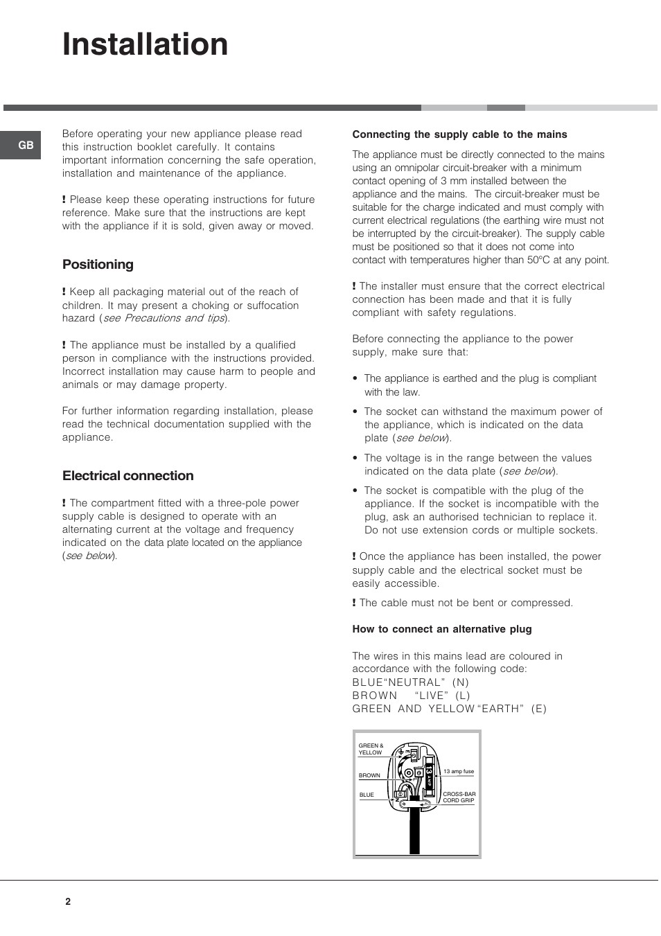 Installation, Positioning, Electrical connection | Hotpoint HWD24X User Manual | Page 2 / 12