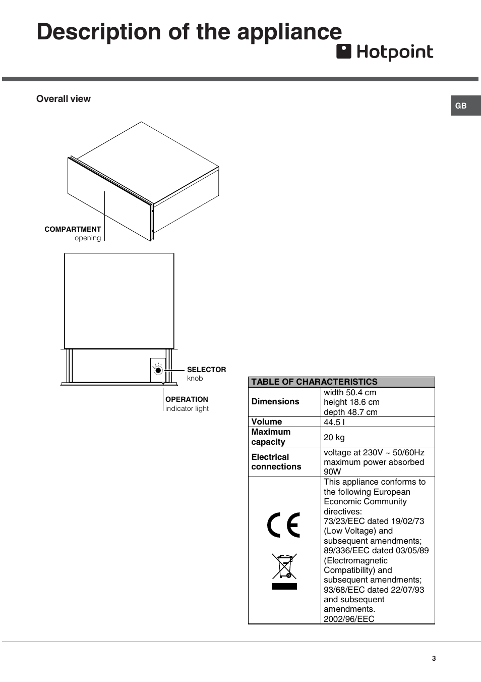 Description of the appliance, Overall view | Hotpoint HWD24X User Manual | Page 3 / 12