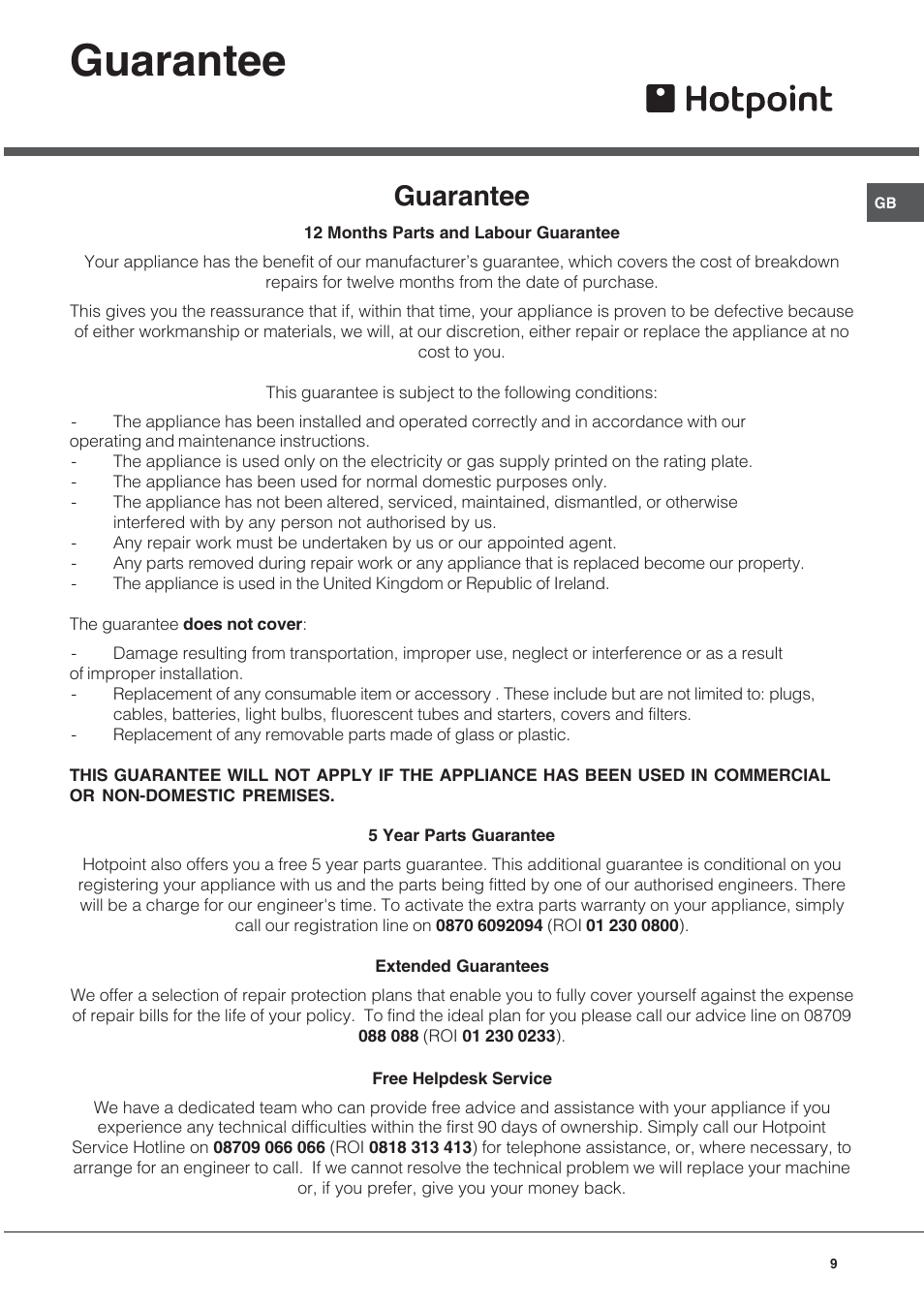 Guarantee | Hotpoint HWD24X User Manual | Page 9 / 12