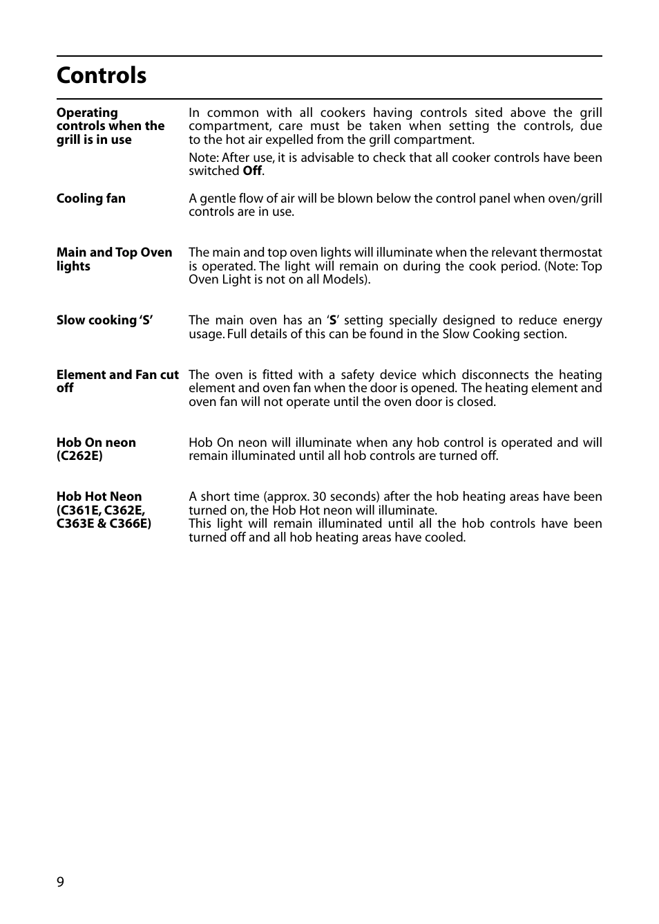 Controls | Hotpoint C362E User Manual | Page 10 / 44