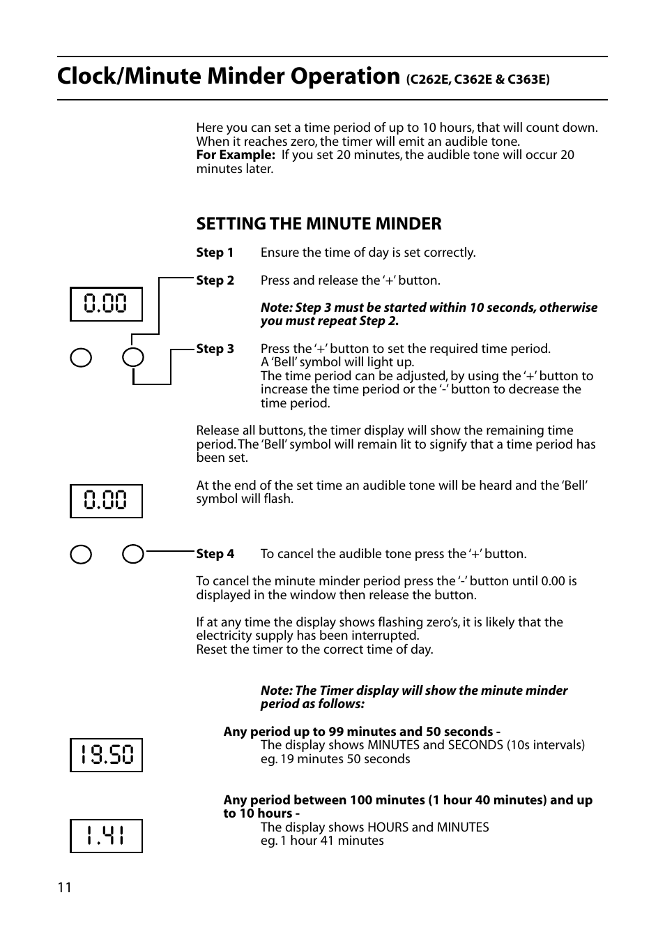 Clock/minute minder operation, Setting the minute minder | Hotpoint C362E User Manual | Page 12 / 44