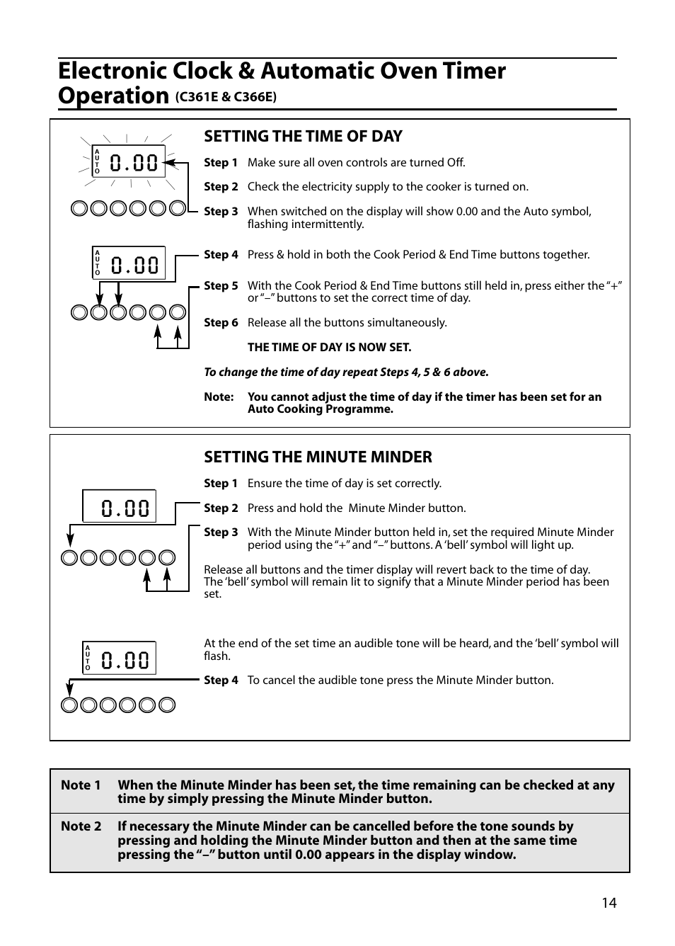 Electronic clock & automatic oven timer operation, Setting the time of day, Setting the minute minder | Hotpoint C362E User Manual | Page 15 / 44