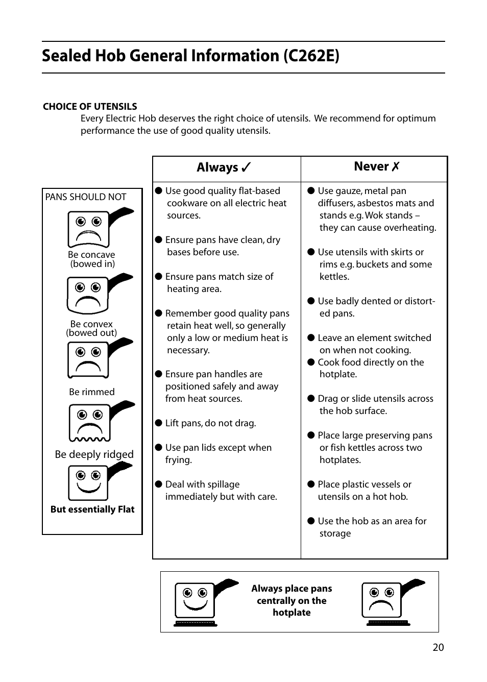 Sealed hob general information (c262e), Always, Never | Hotpoint C362E User Manual | Page 21 / 44