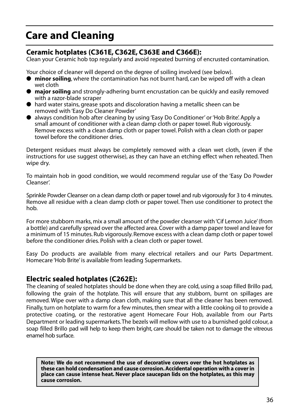 Care and cleaning | Hotpoint C362E User Manual | Page 37 / 44