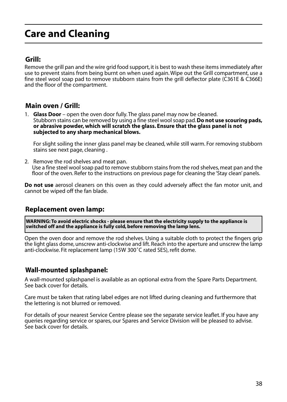 Care and cleaning | Hotpoint C362E User Manual | Page 39 / 44