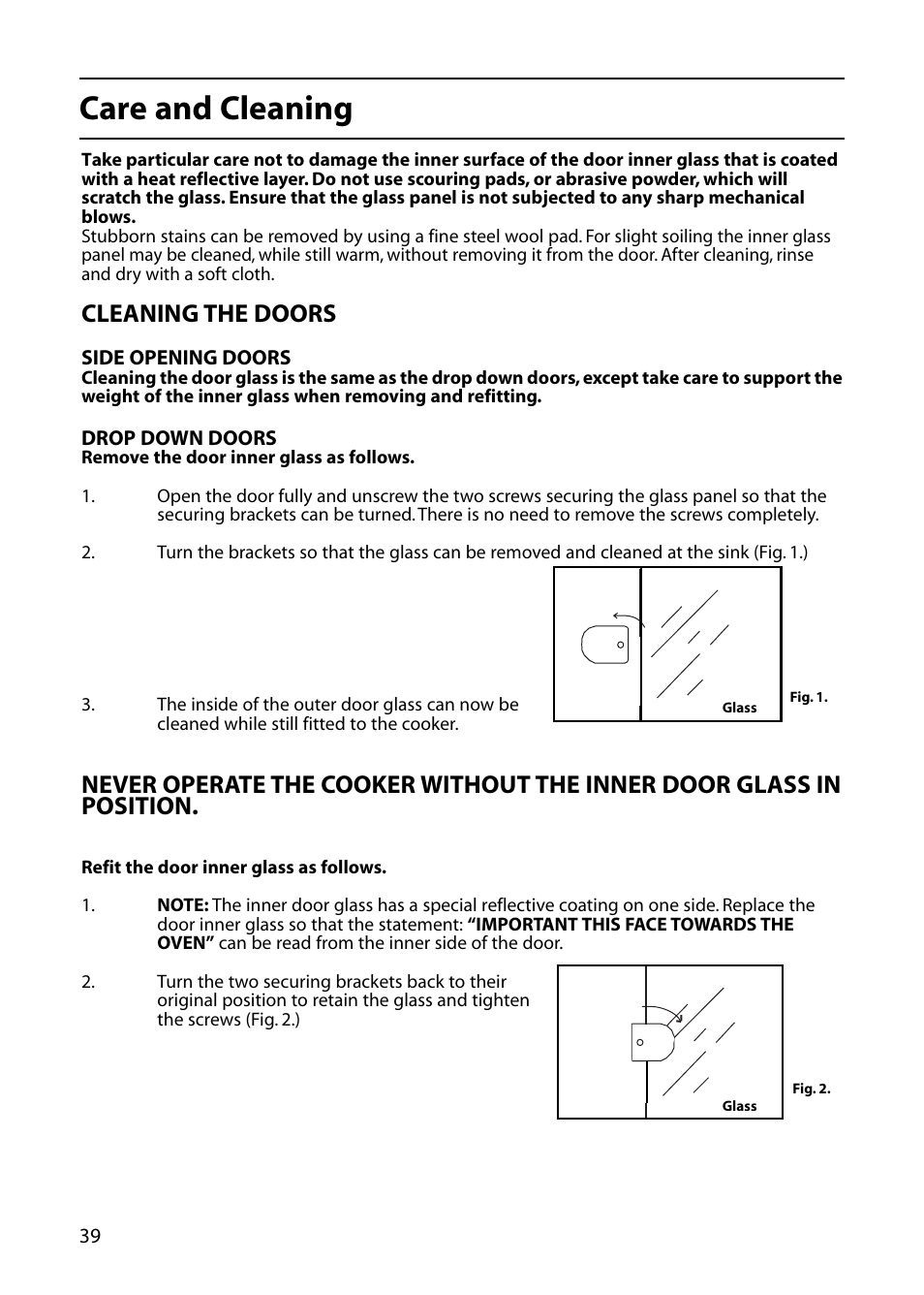 Care and cleaning, Cleaning the doors | Hotpoint C362E User Manual | Page 40 / 44