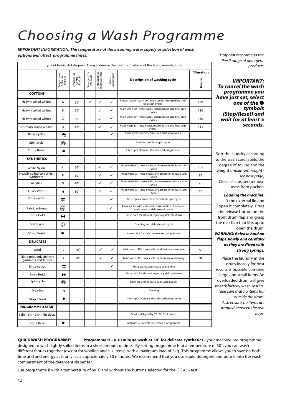 Choosing a wash programme | Hotpoint WMTL80 User Manual | Page 12 / 20