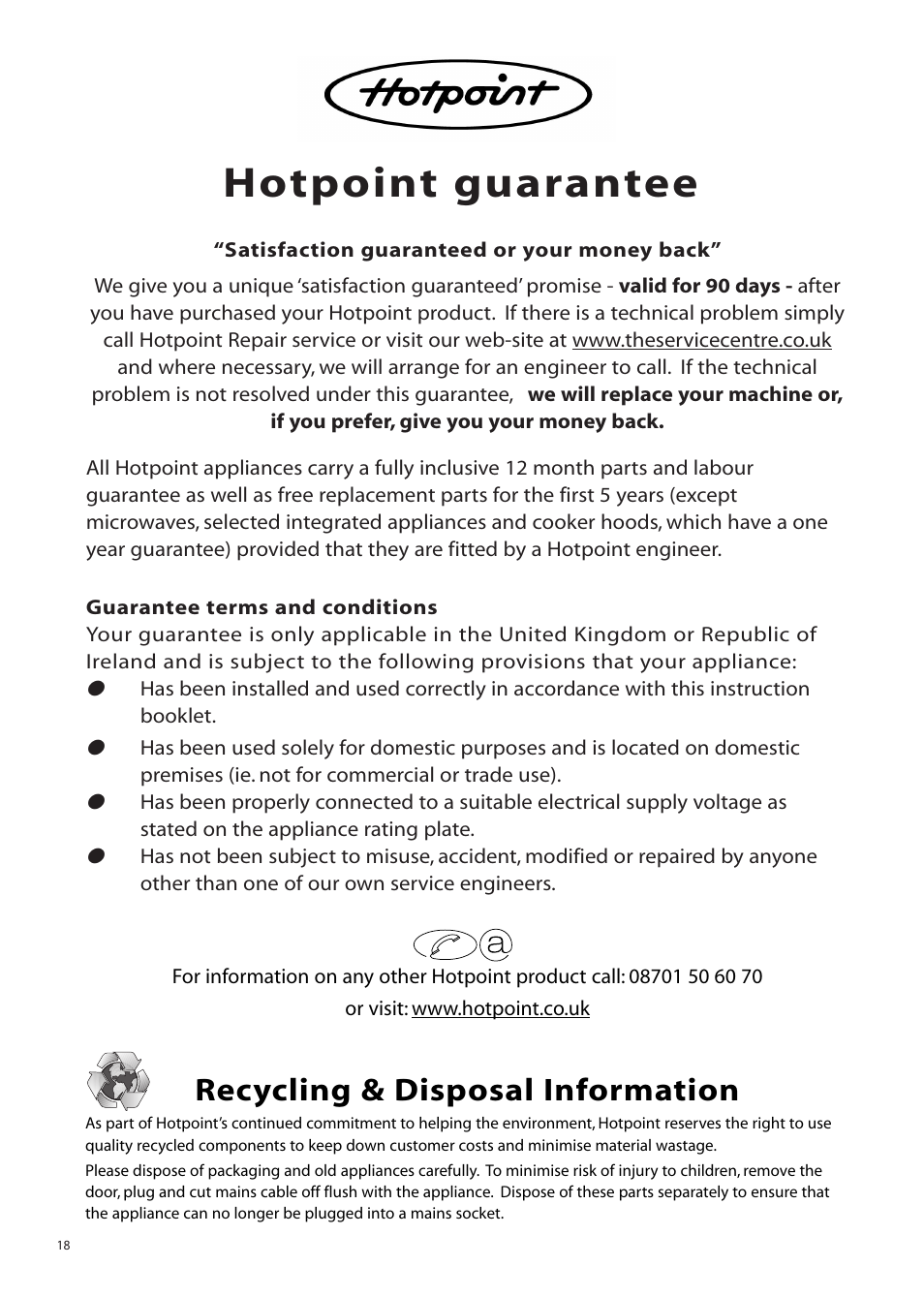 Hotpoint guarantee, Recycling & disposal information | Hotpoint WMTL80 User Manual | Page 18 / 20