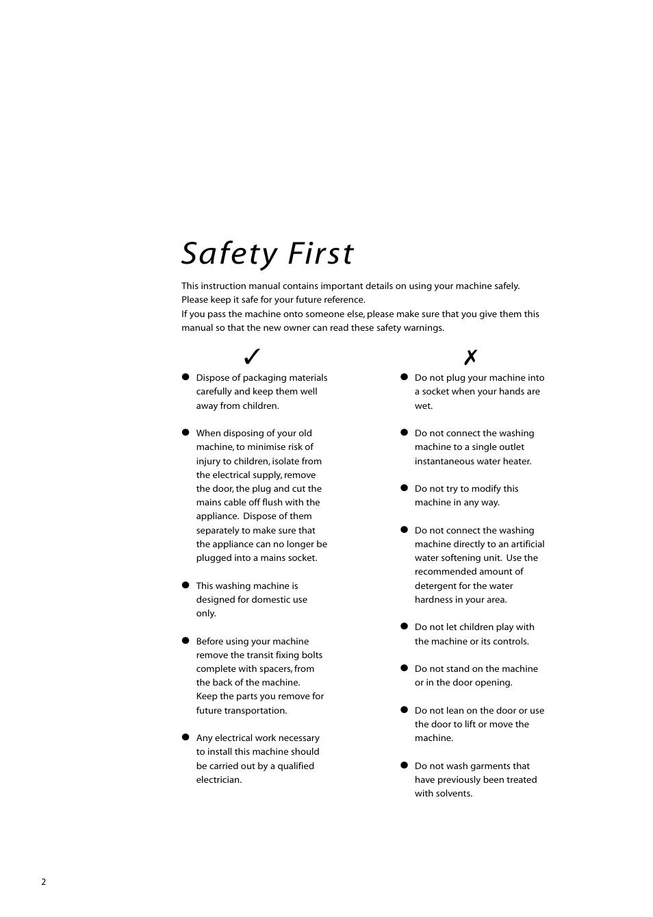 Safety first | Hotpoint WMTL80 User Manual | Page 2 / 20