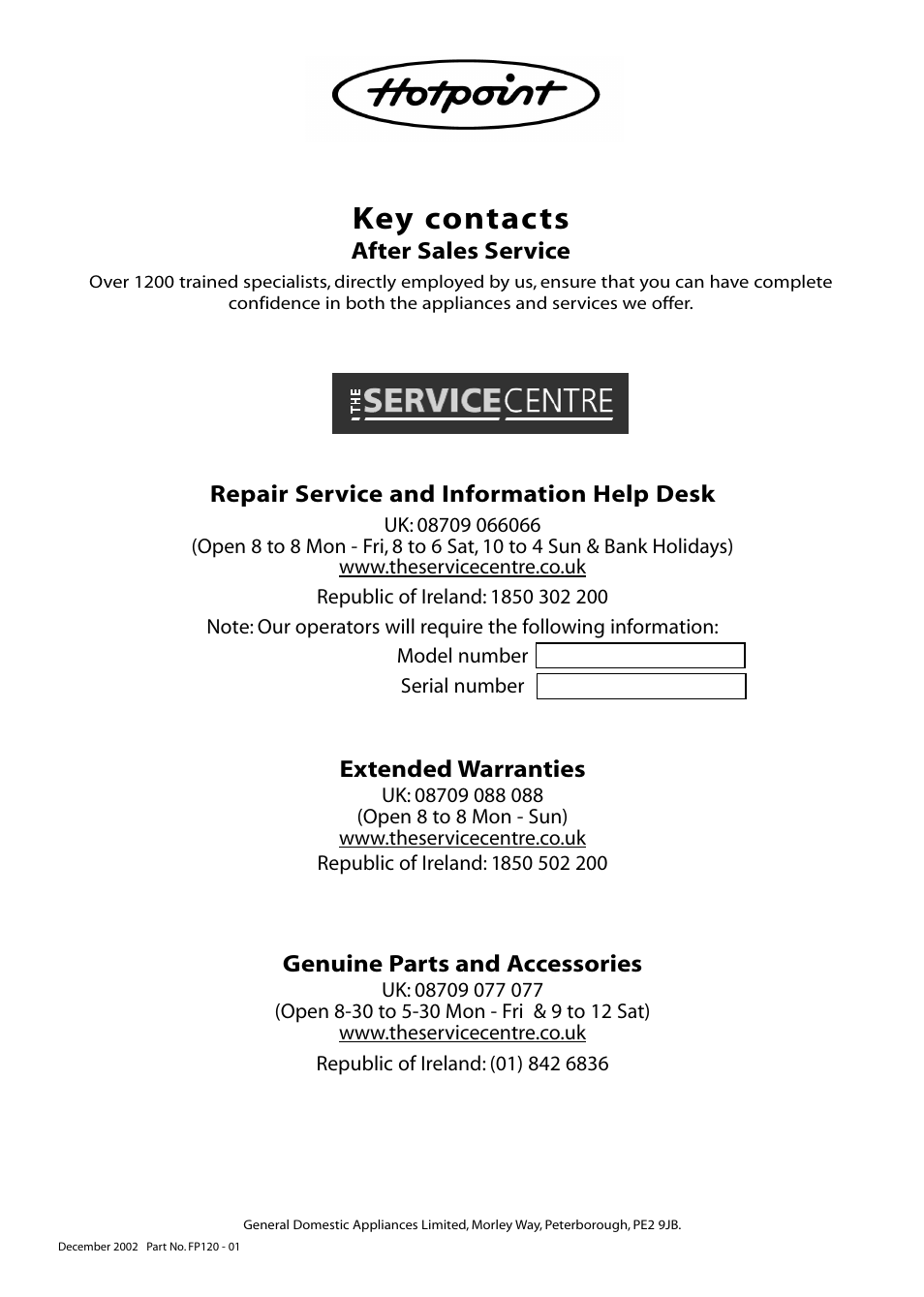 Key contacts | Hotpoint WMTL80 User Manual | Page 20 / 20