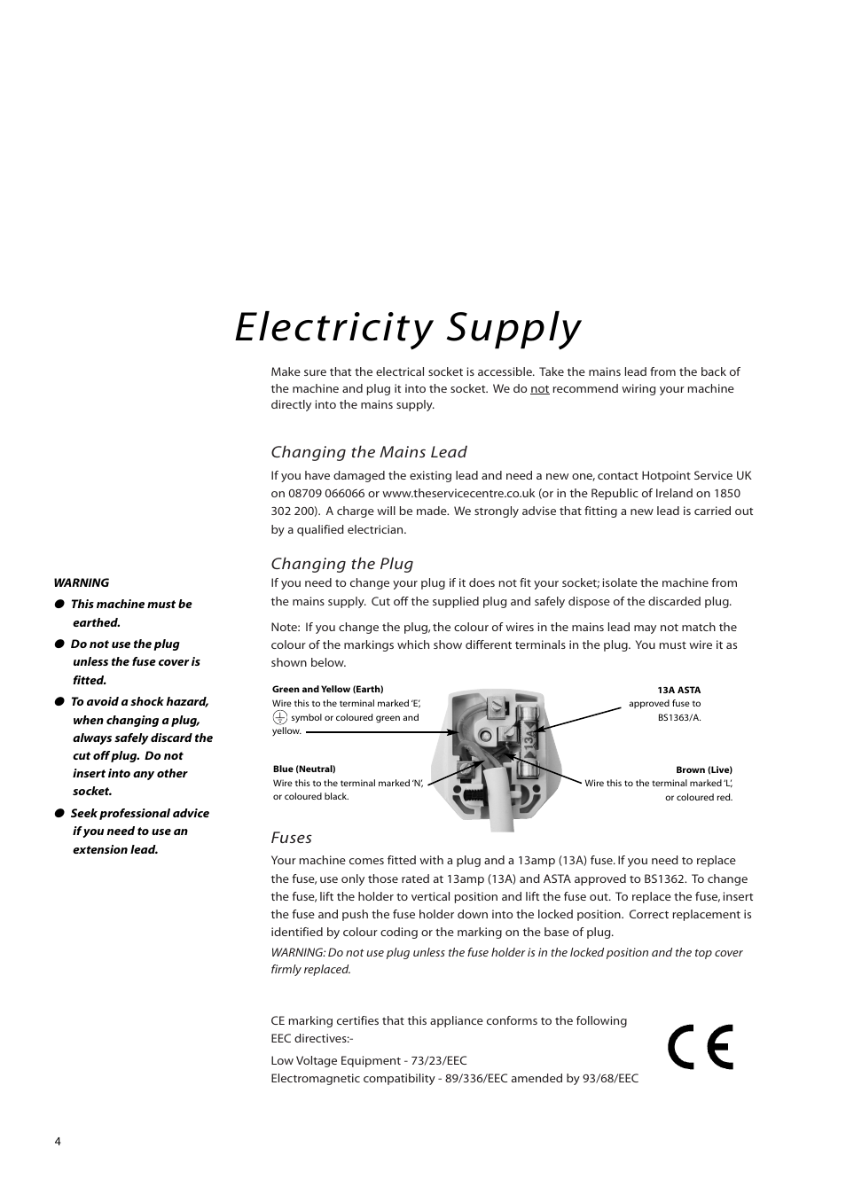 Electricity supply, Changing the mains lead, Changing the plug | Fuses | Hotpoint WMTL80 User Manual | Page 4 / 20