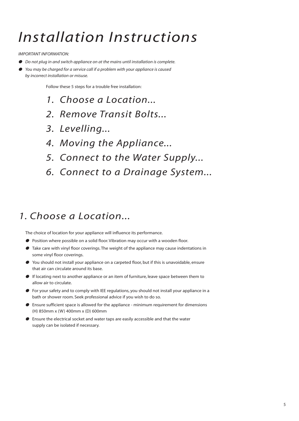 Installation instructions, Choose a location | Hotpoint WMTL80 User Manual | Page 5 / 20