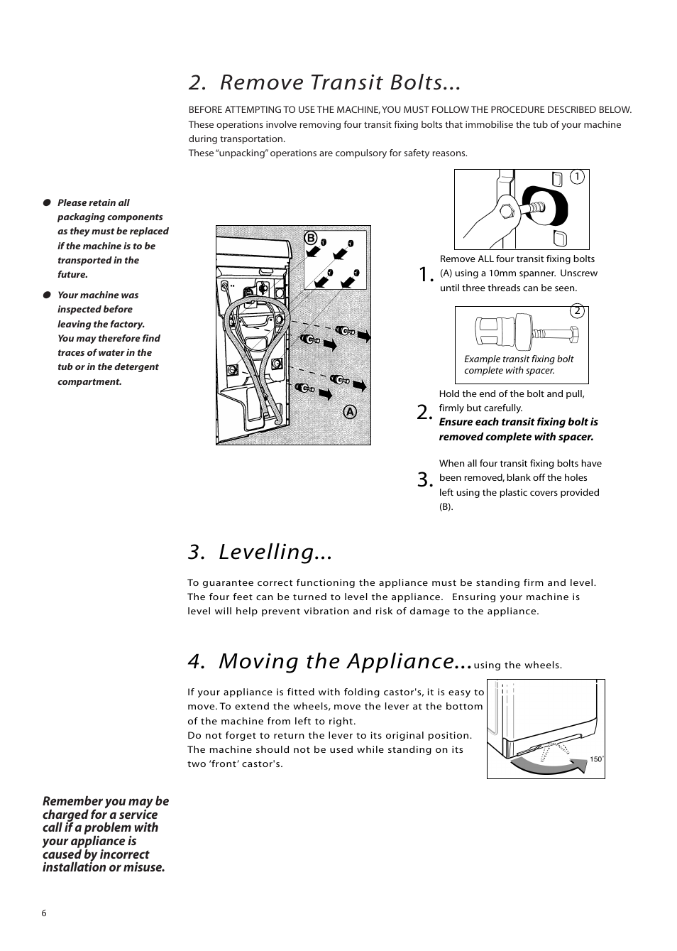 Remove transit bolts, Levelling, Moving the appliance | Hotpoint WMTL80 User Manual | Page 6 / 20