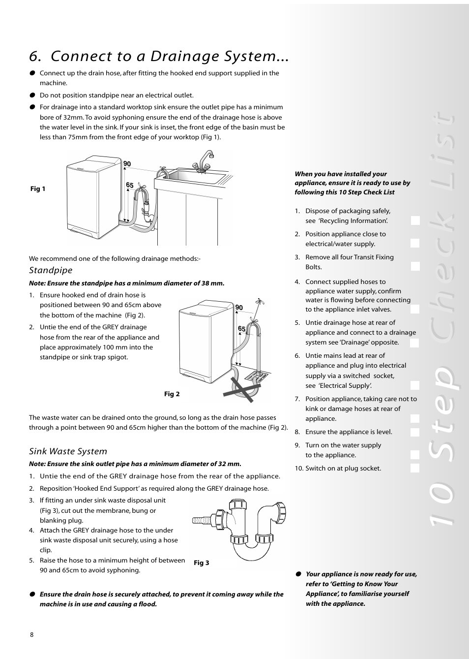 10 st, 10 st ep ep c c heck list heck list, Connect to a drainage system | Hotpoint WMTL80 User Manual | Page 8 / 20