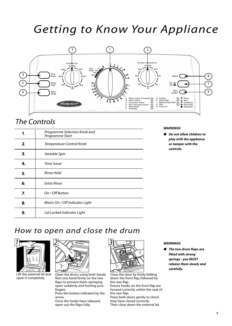 Getting to know your appliance, How to open and close the drum, The controls | Hotpoint WMTL80 User Manual | Page 9 / 20