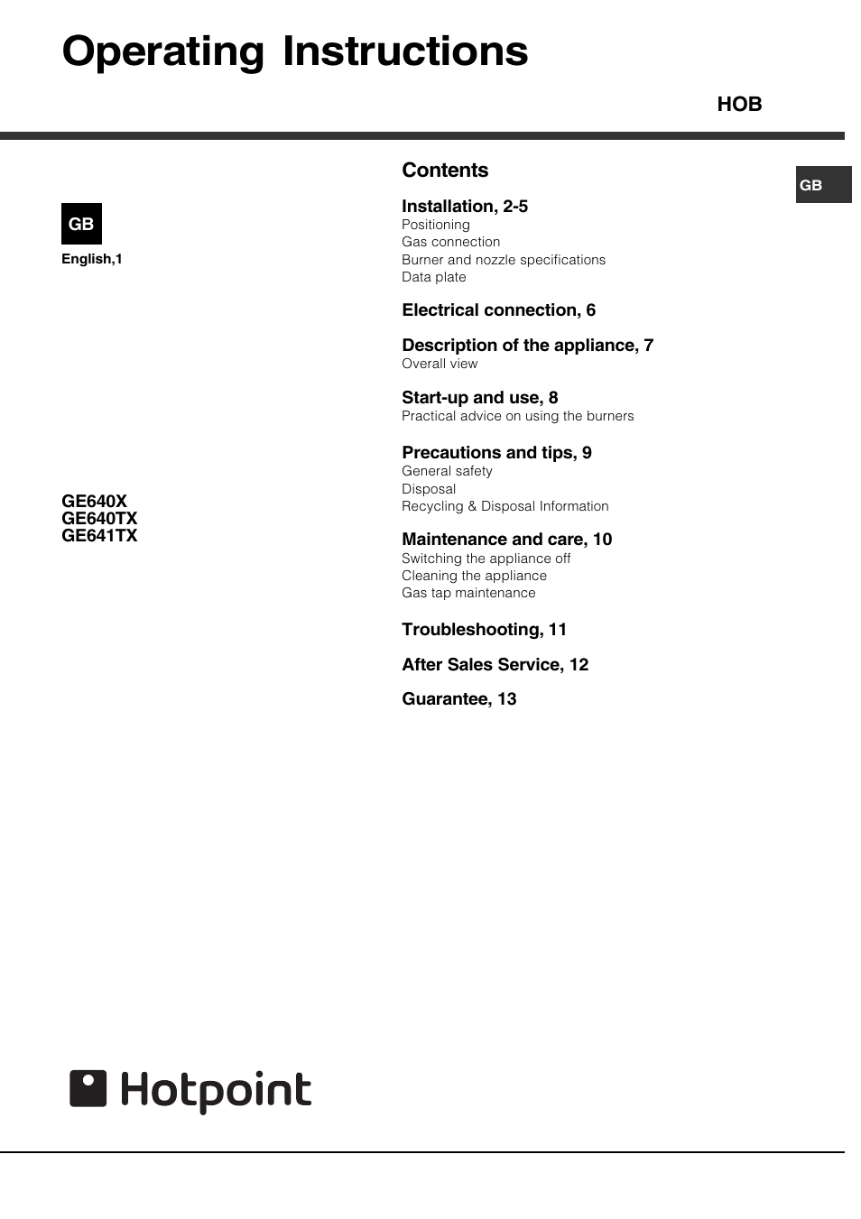 Hotpoint GE640TX User Manual | 16 pages