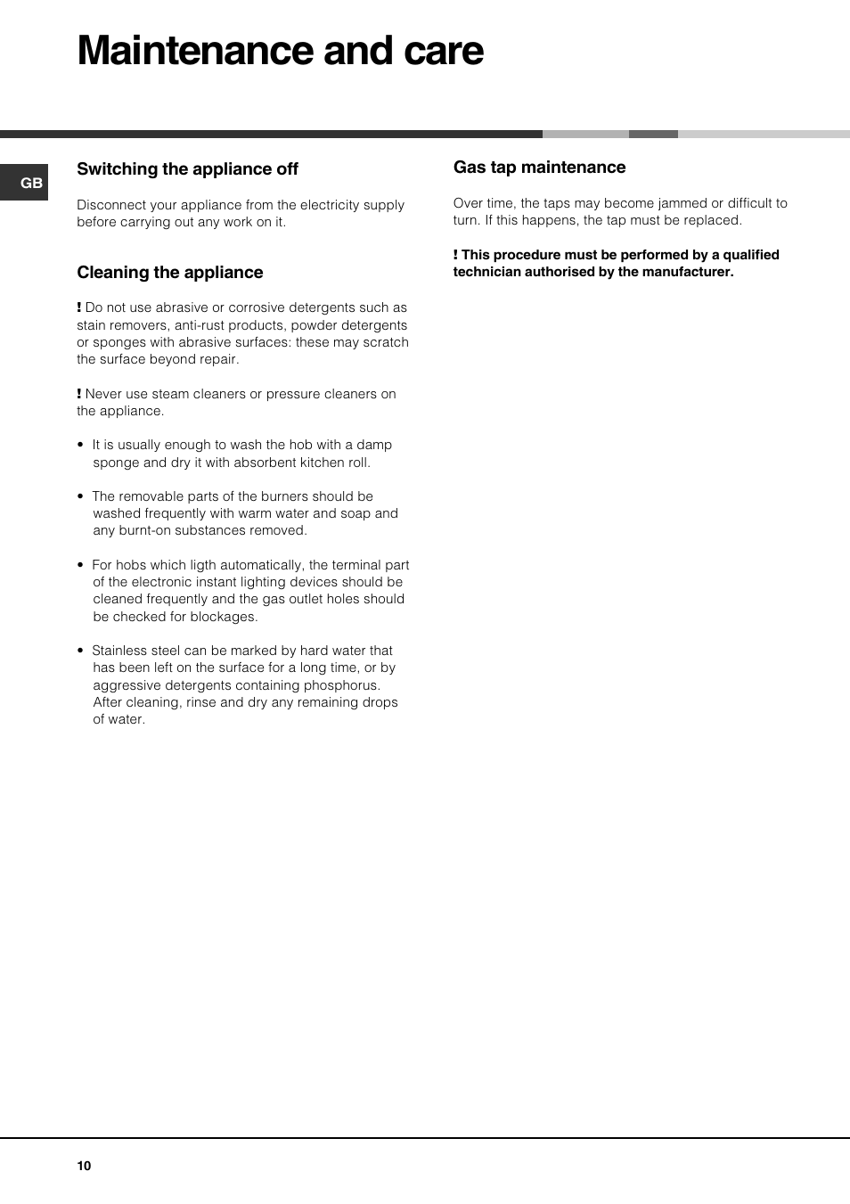 Maintenance and care | Hotpoint GE640TX User Manual | Page 10 / 16