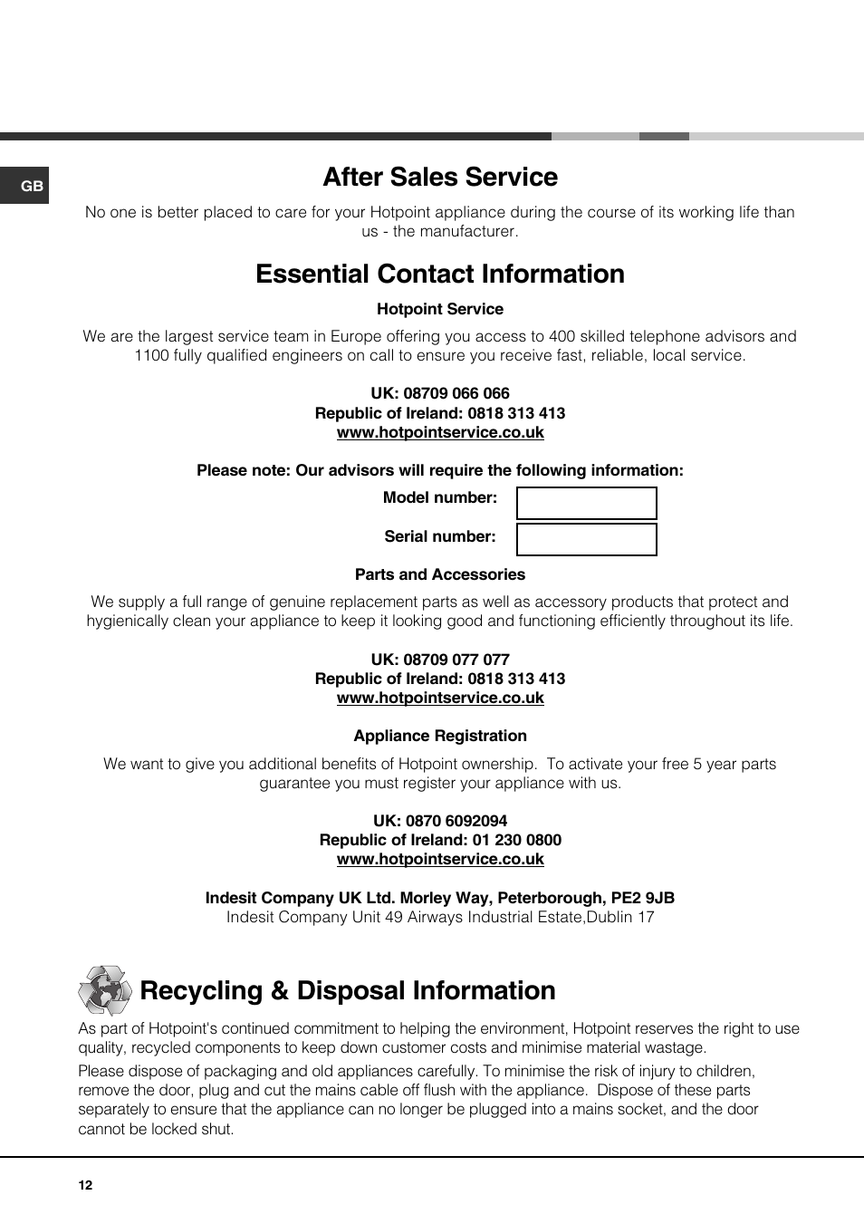 After sales service, Essential contact information, Recycling & disposal information | Hotpoint GE640TX User Manual | Page 12 / 16