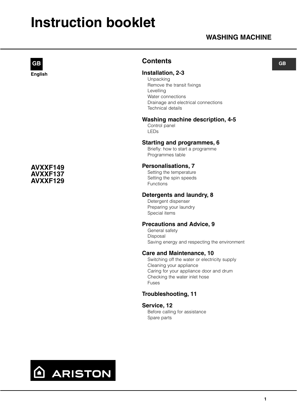 Hotpoint AVXXF149 User Manual | 12 pages