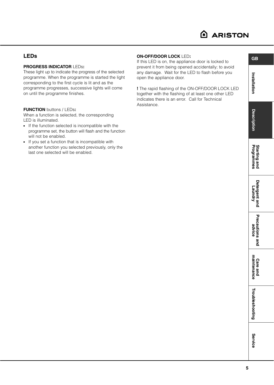 Leds | Hotpoint AVXXF149 User Manual | Page 5 / 12