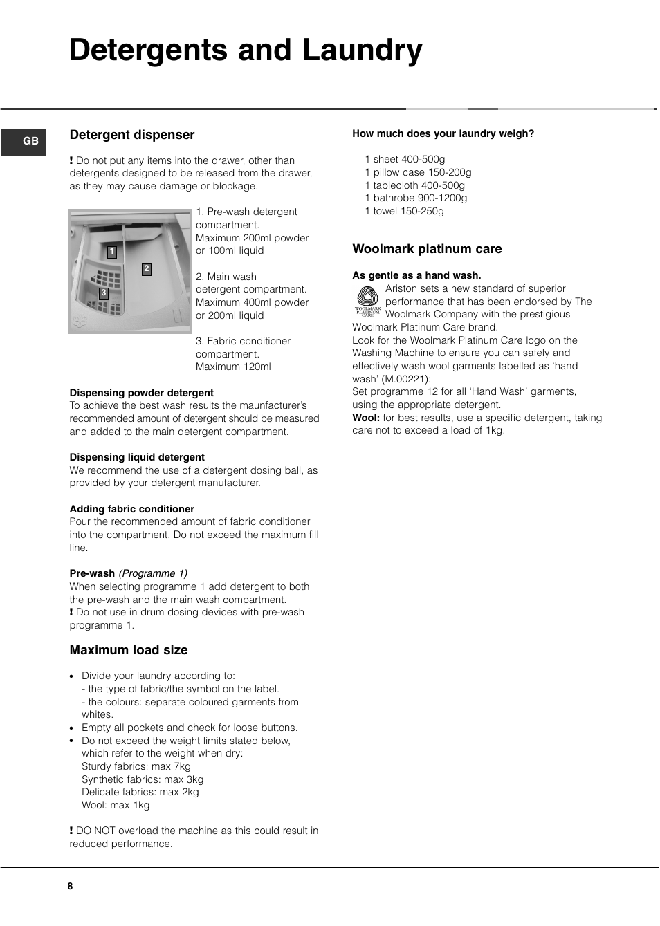 Detergents and laundry, Detergent dispenser, Maximum load size | Woolmark platinum care | Hotpoint AVXXF149 User Manual | Page 8 / 12