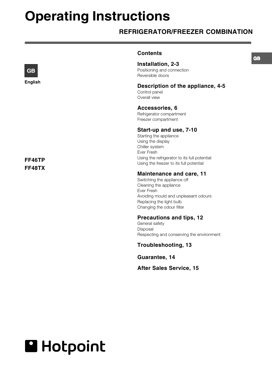 Hotpoint FF48TX User Manual | 16 pages