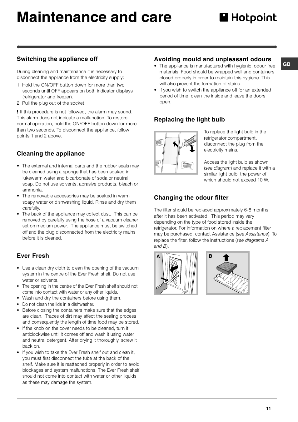 Maintenance and care | Hotpoint FF48TX User Manual | Page 11 / 16