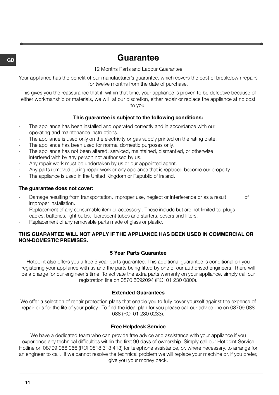 Guarantee | Hotpoint FF48TX User Manual | Page 14 / 16