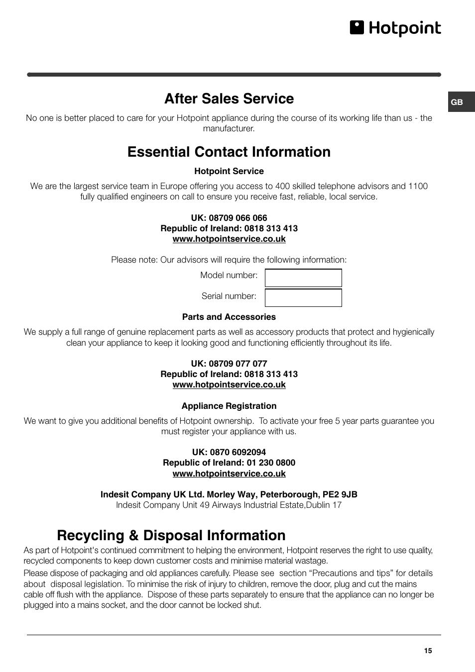 After sales service, Essential contact information, Recycling & disposal information | Hotpoint FF48TX User Manual | Page 15 / 16