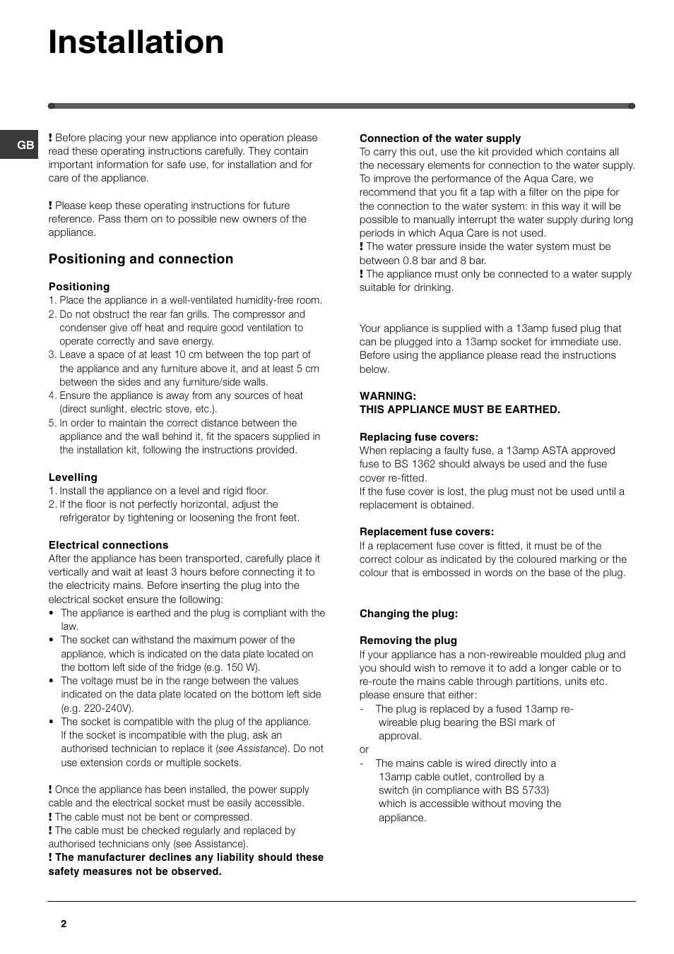 Installation, Positioning and connection | Hotpoint FF48TX User Manual | Page 2 / 16
