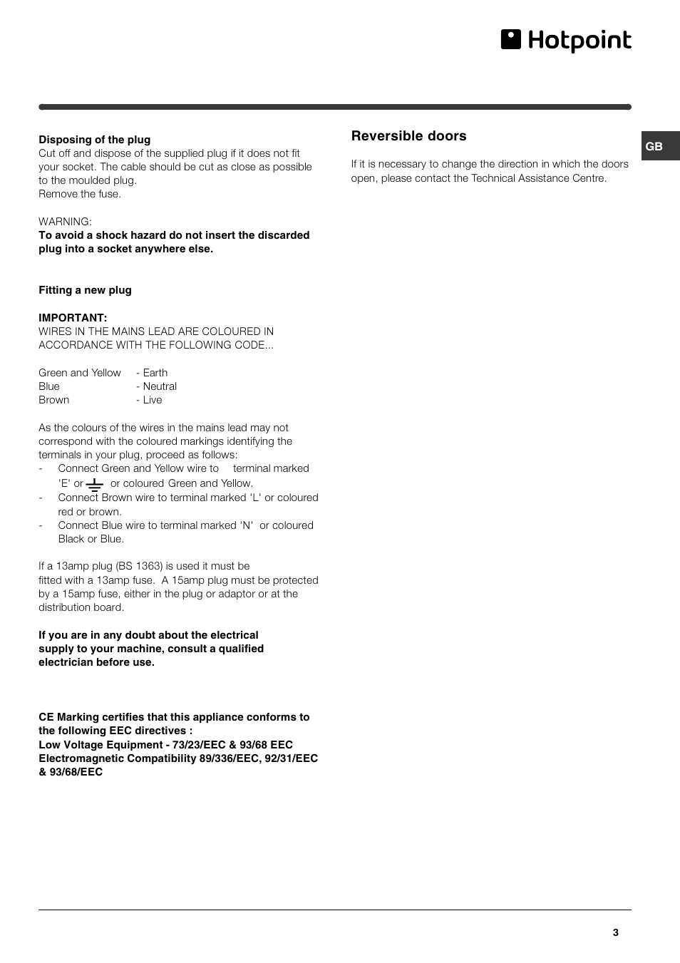 Reversible doors | Hotpoint FF48TX User Manual | Page 3 / 16