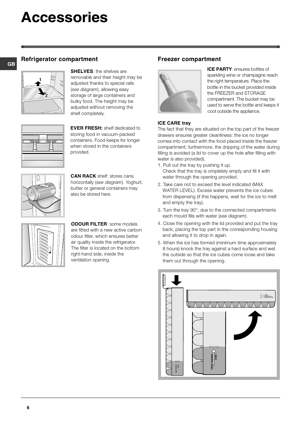 Accessories, Refrigerator compartment, Freezer compartment | Hotpoint FF48TX User Manual | Page 6 / 16