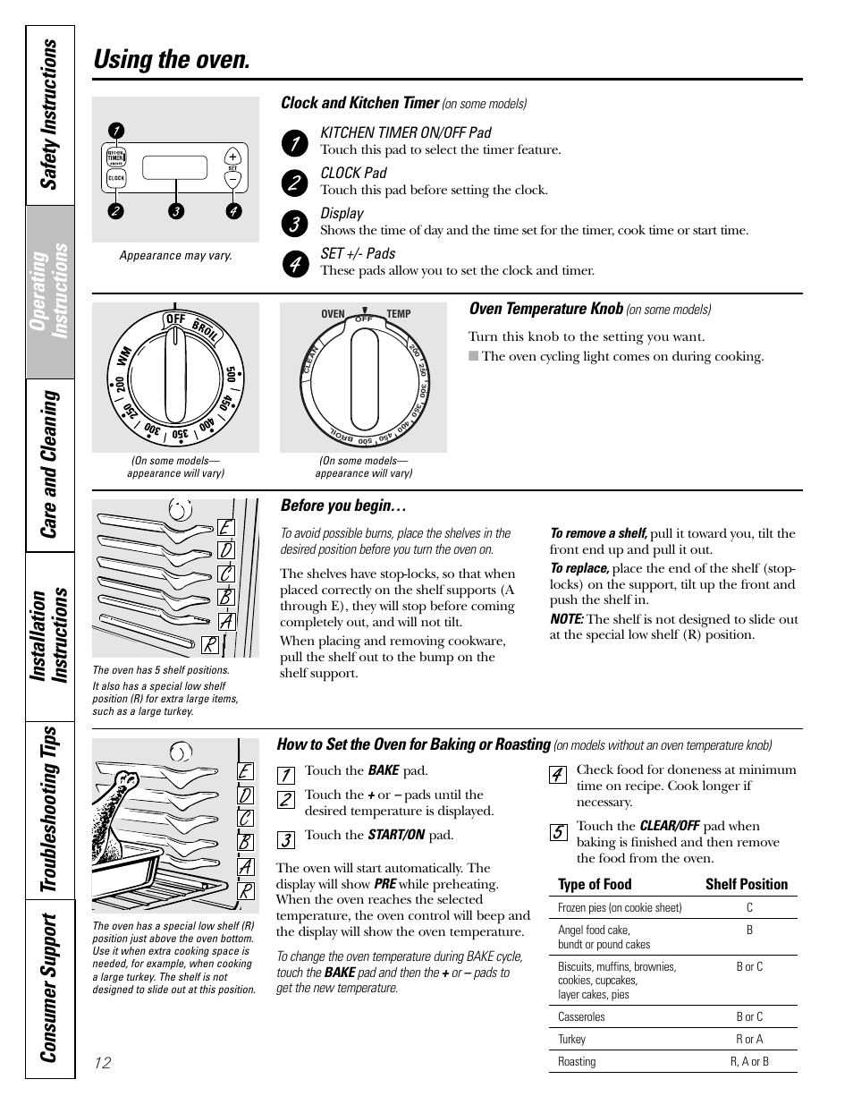 Oven, Oven –14, Using the oven | Before you begin, Clock and kitchen timer, How to set the oven for baking or roasting, Oven temperature knob, Kitchen timer on/off pad, Clock pad, Display | Hotpoint JBP21 User Manual | Page 12 / 52