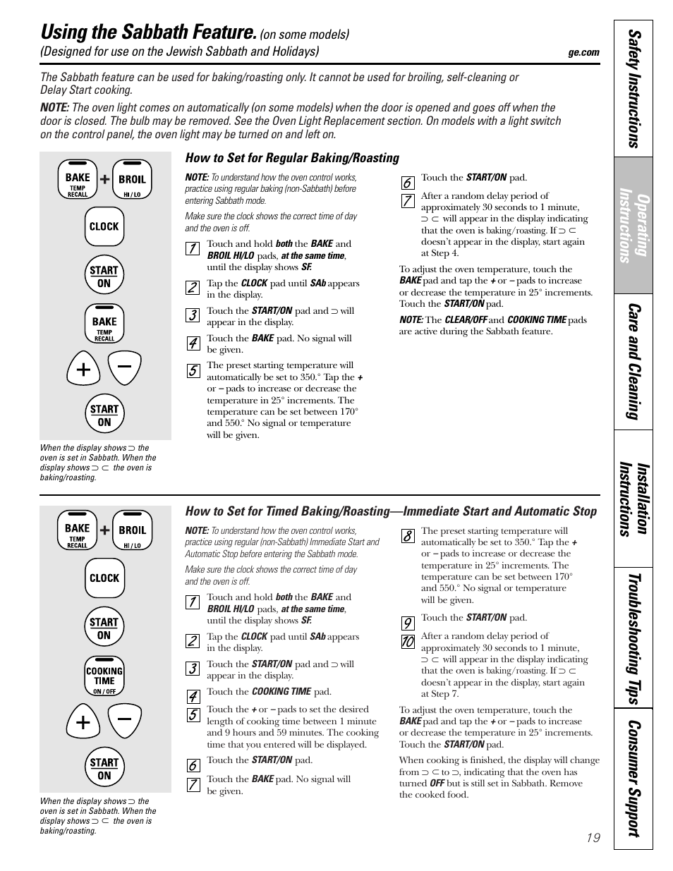 Sabbath feature, Sabbath feature , 20, Using the sabbath feature | Hotpoint JBP21 User Manual | Page 19 / 52