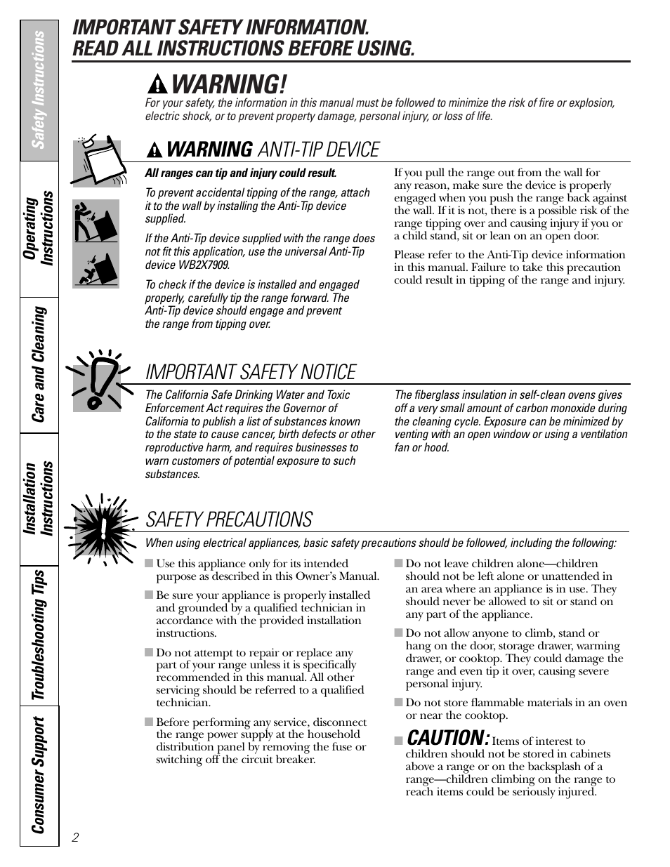 Safety information, Warning, Anti-tip device important safety notice | Caution, Safety precautions | Hotpoint JBP21 User Manual | Page 2 / 52