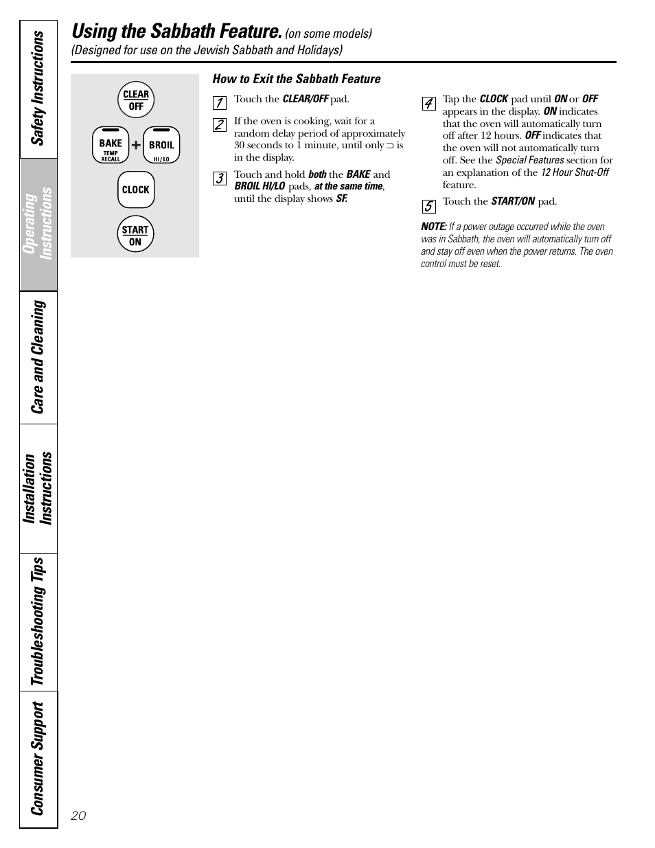 Using the sabbath feature | Hotpoint JBP21 User Manual | Page 20 / 52