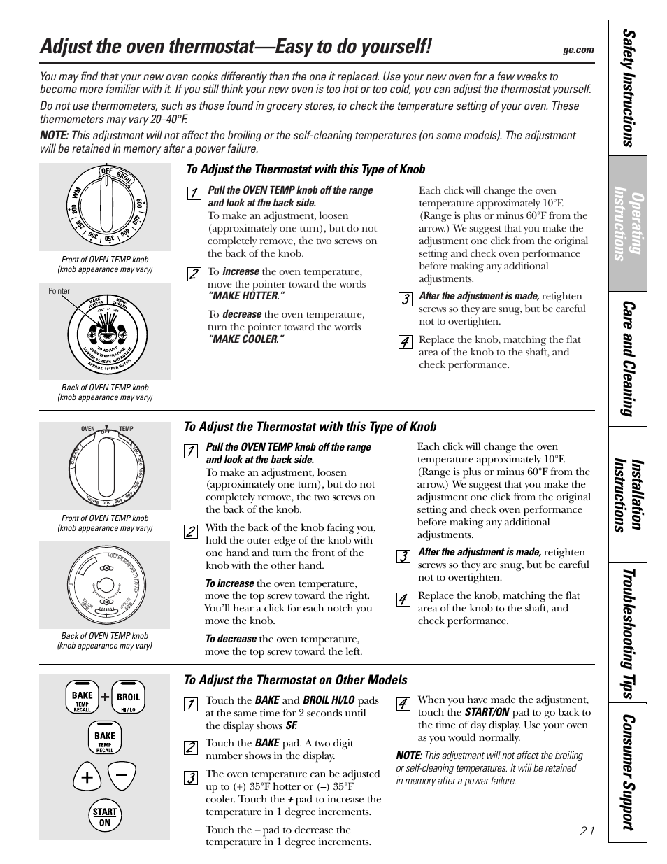 Adjust the oven thermostat, Adjust the oven thermostat—easy to do yourself, 21 to adjust the thermostat with this type of knob | Hotpoint JBP21 User Manual | Page 21 / 52