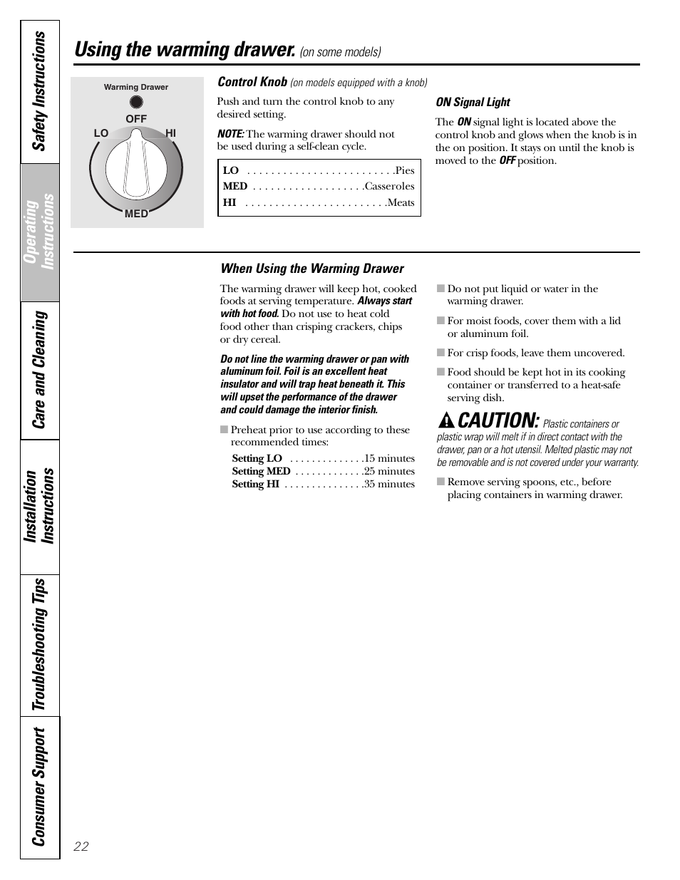 Warming drawer, Warming drawer , 23, Using the warming drawer | Caution | Hotpoint JBP21 User Manual | Page 22 / 52