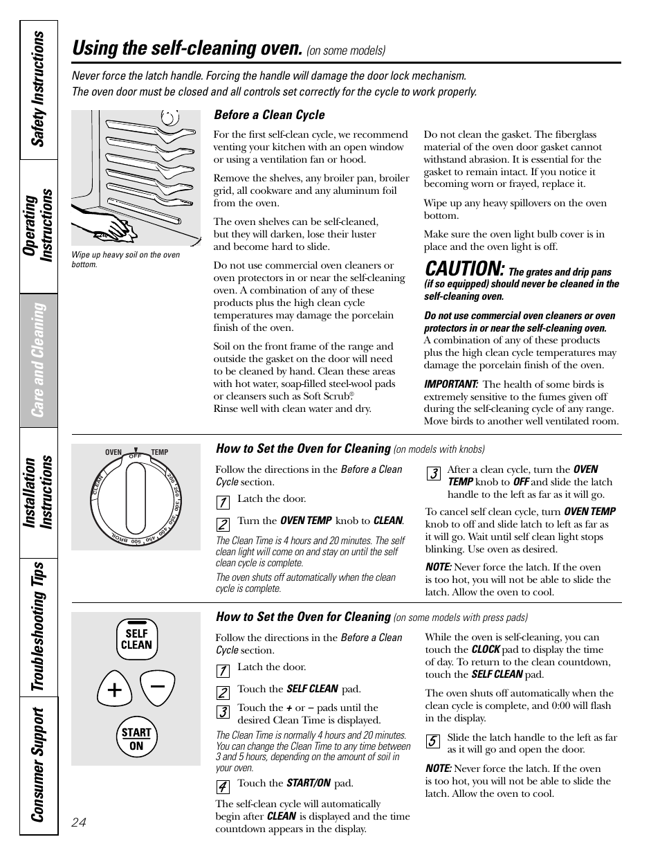 Self-cleaning, Care and cleaning, Self-cleaning oven | Self-cleaning , 25, Self-cleaning oven , 25, Caution, Using the self-cleaning oven, On some models) before a clean cycle, How to set the oven for cleaning | Hotpoint JBP21 User Manual | Page 24 / 52