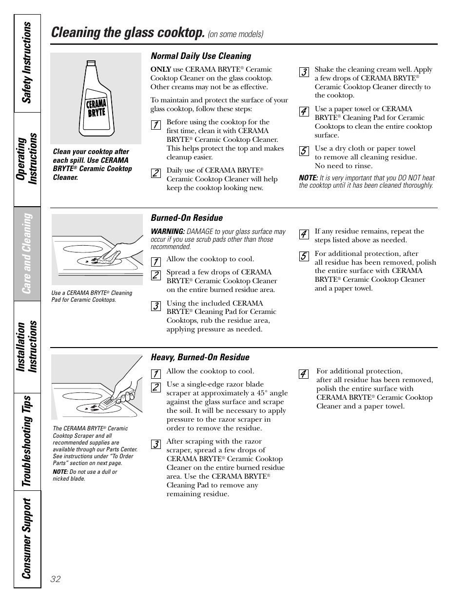 Glass cooktop, Glass cooktop , 33, Cleaning the glass cooktop | Hotpoint JBP21 User Manual | Page 32 / 52