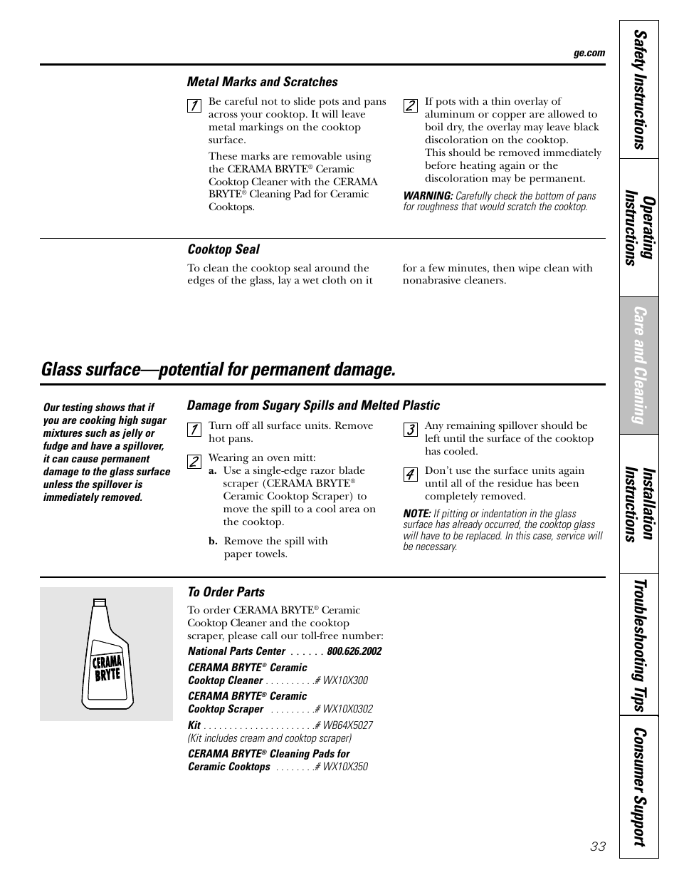 Glass surface—potential for permanent damage | Hotpoint JBP21 User Manual | Page 33 / 52