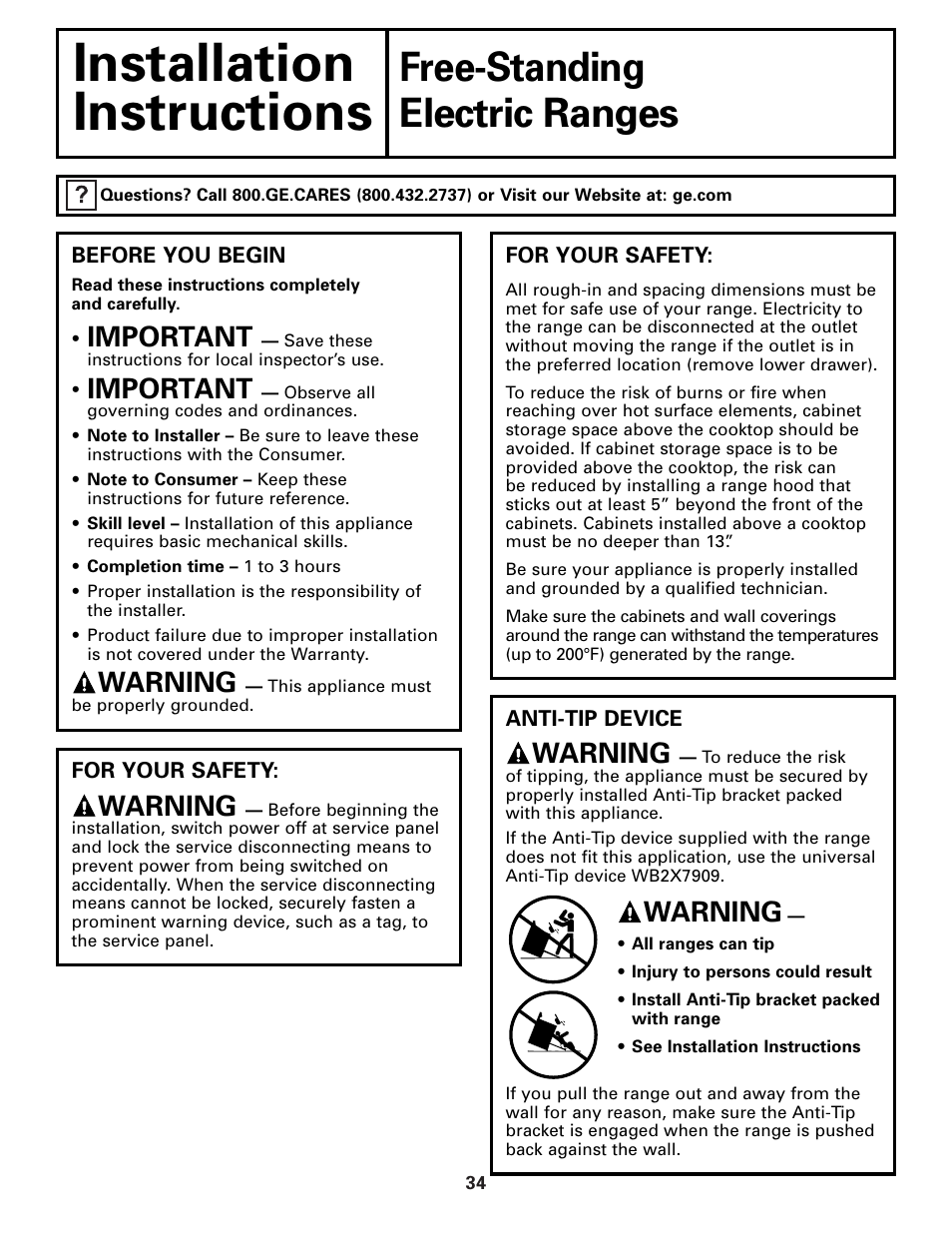 Anti-tip device, Before you begin, Anti-tip device , 40 before you begin | Installation, Instructions, Free-standing, Electric ranges, Important, Warning | Hotpoint JBP21 User Manual | Page 34 / 52