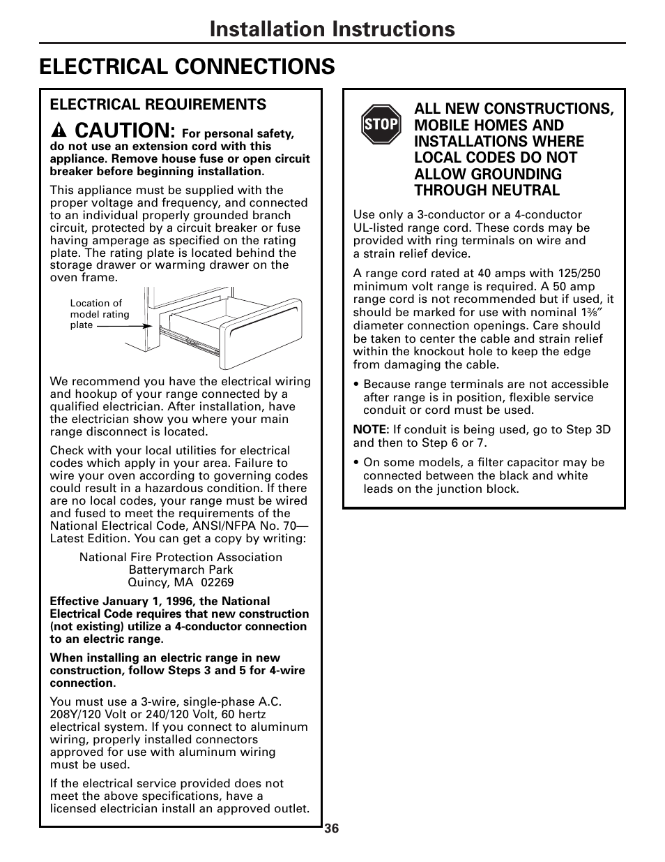 Electrical connections, Electrical connections –39, Installation instructions electrical connections | Caution | Hotpoint JBP21 User Manual | Page 36 / 52