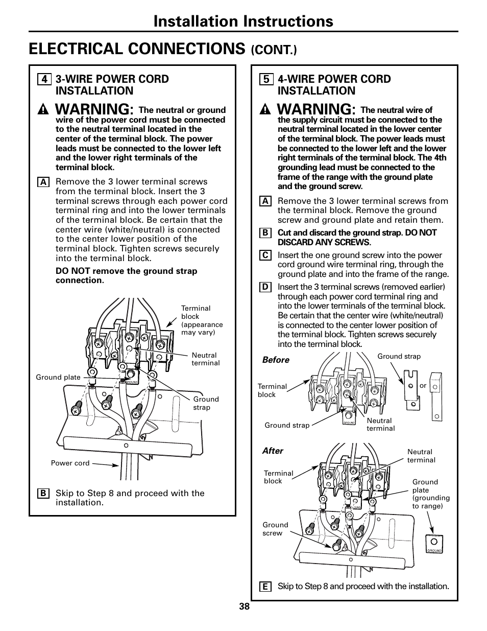 Electrical connections, Installation instructions, Warning | Cont.) | Hotpoint JBP21 User Manual | Page 38 / 52