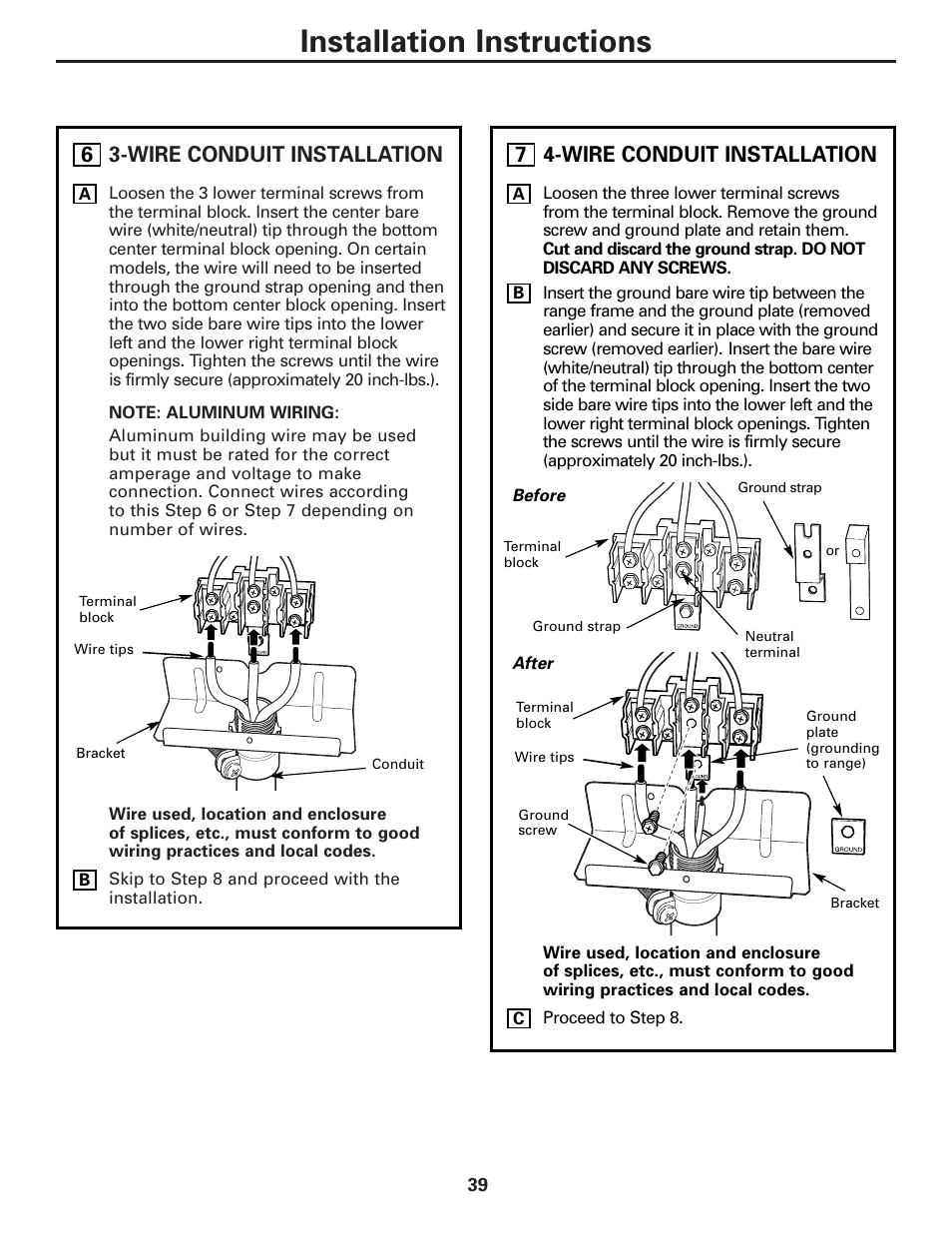 Installation instructions, Wire conduit installation | Hotpoint JBP21 User Manual | Page 39 / 52