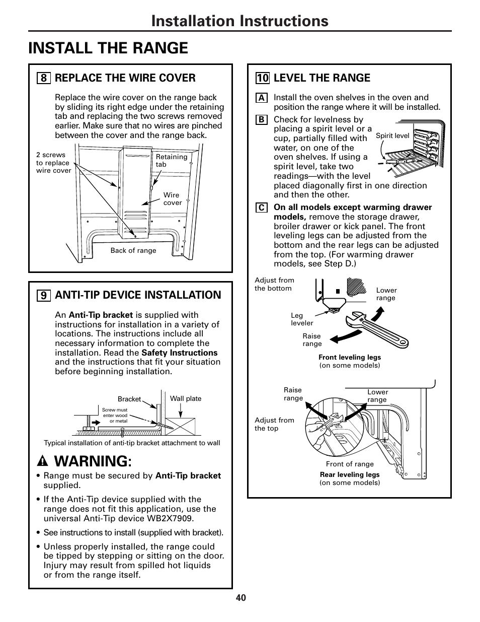 Leveling, Leveling , 41, Installation instructions install the range | Warning, Anti-tip device installation, Replace the wire cover, 8level the range | Hotpoint JBP21 User Manual | Page 40 / 52