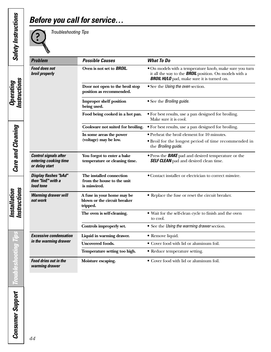 Before you call for service | Hotpoint JBP21 User Manual | Page 44 / 52